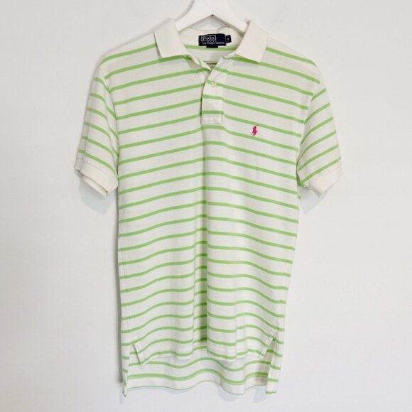 Polo Ralph Lauren Neon Green Striped Button Front Golf Shirt Top Pink Pony Small - Picture 1 of 8